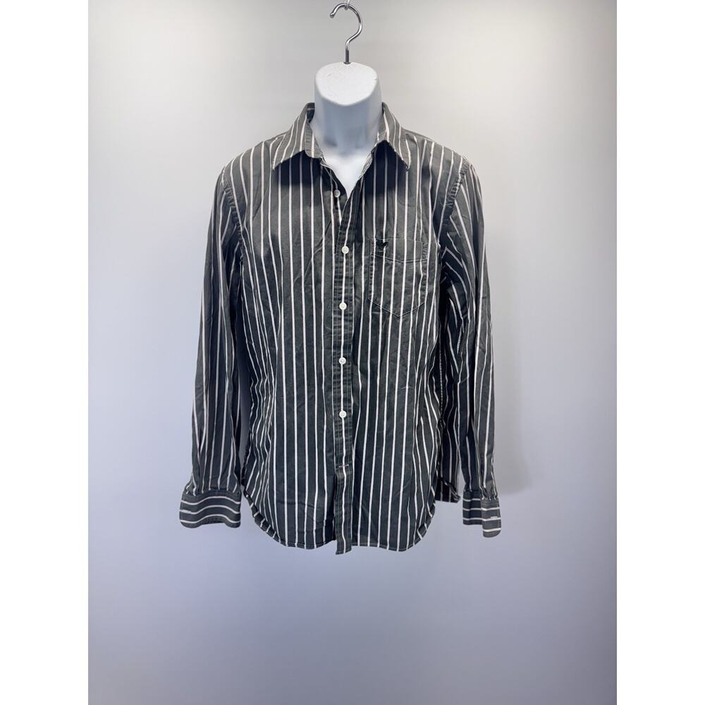 AMERICAN EAGLE Men's Green and White Long Sleeve Striped Button Down Shirt Large